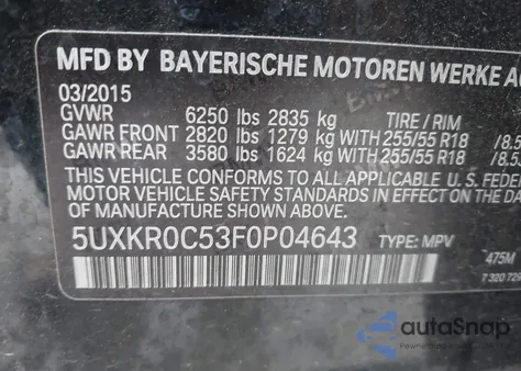 2015 BMW X5 xDrive35I from USA, damaged, VIN 5UXKR0C53F0P04643